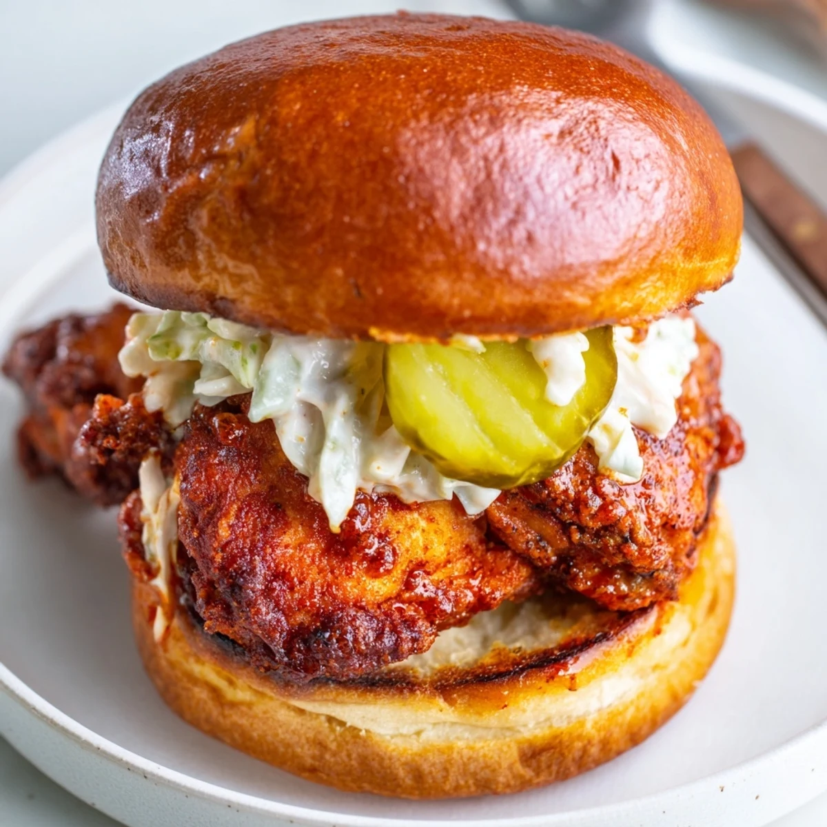 Buttery toasted bun cradles Spicy Nashville Hot Chicken Sandwiches glazed with fiery oil