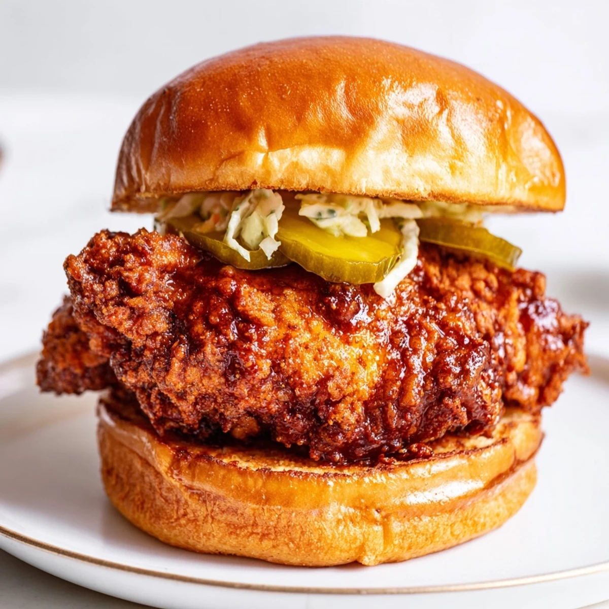 Plate of Spicy Nashville Hot Chicken Sandwiches served hot alongside sweet iced tea