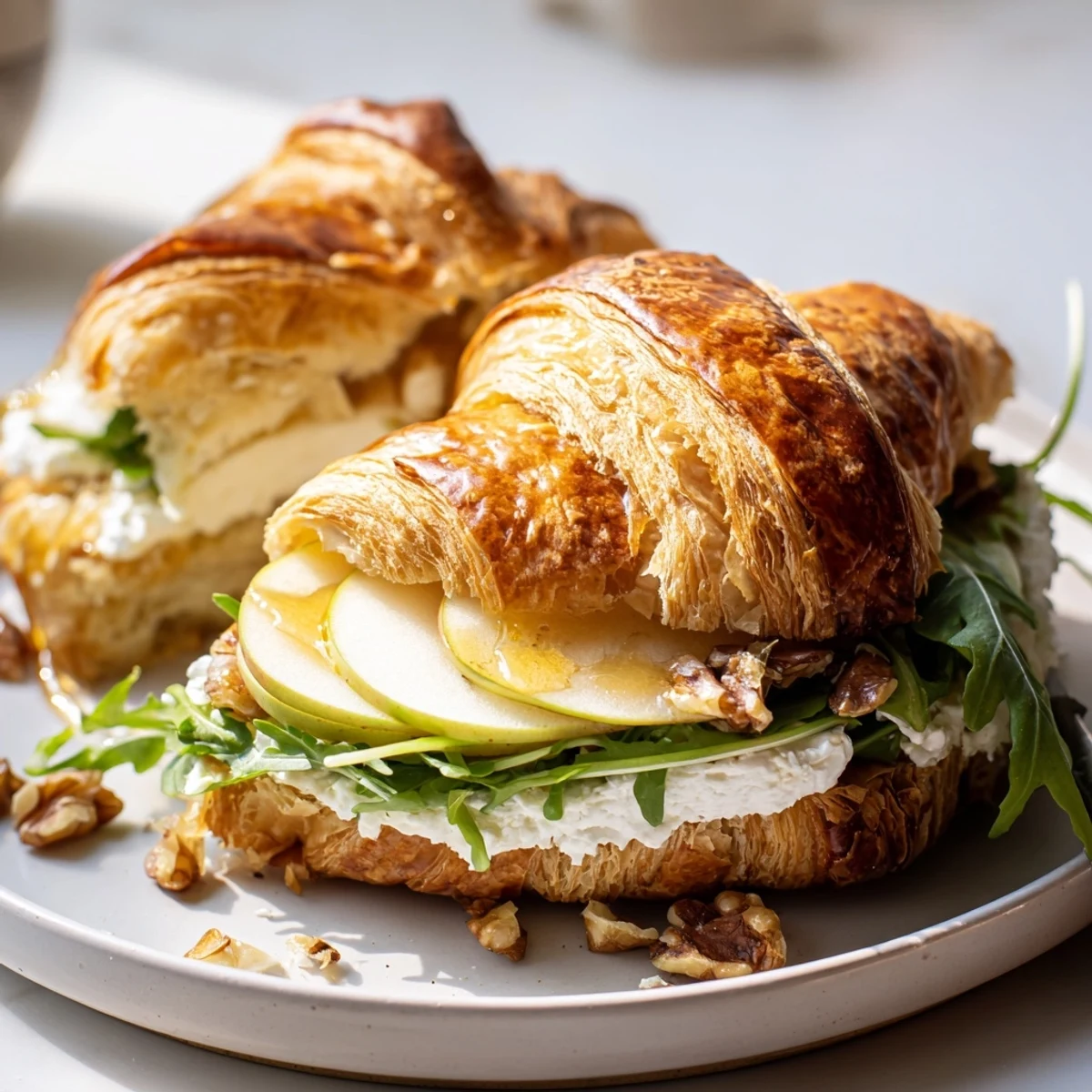 Aromatic Apple Goat Cheese Croissant Sandwich Recipe served with arugula and honey drizzle