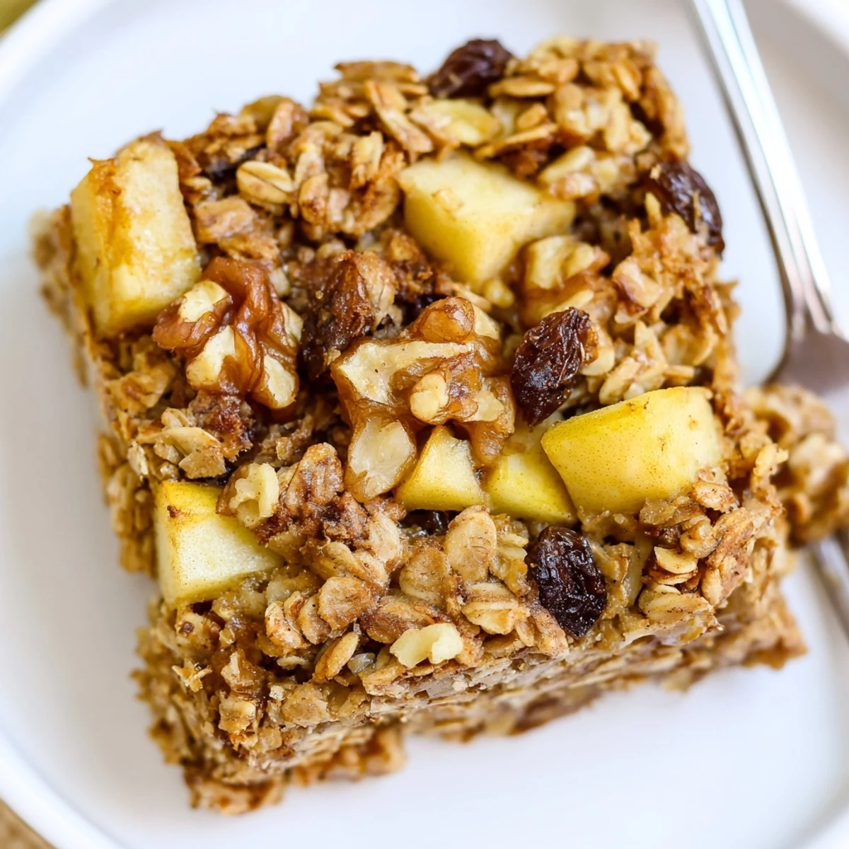 A fork lifts steaming Delicious Apple Cinnamon Oatmeal Bake Recipe For Mornings, apple-studded