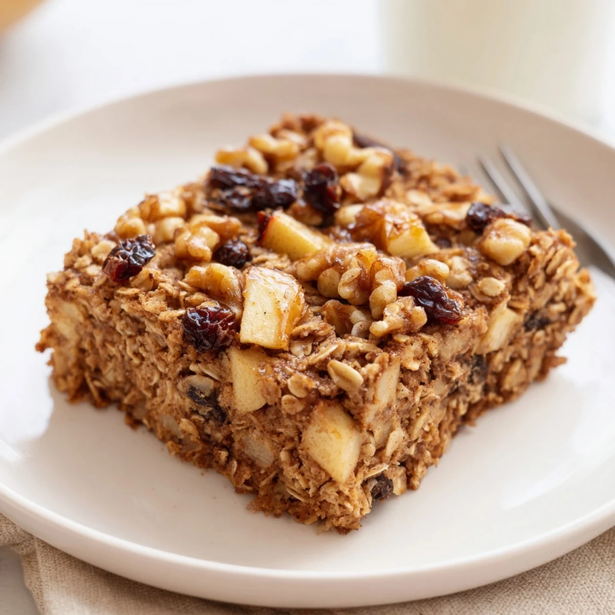 Delicious Apple Cinnamon Oatmeal Bake Recipe For Mornings, golden-brown squares served with yogurt