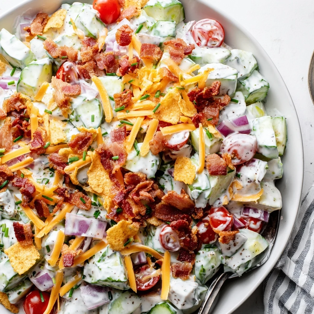 Cucumber Ranch Crack Salad Recipe piled in bowl with crunchy bacon topping.