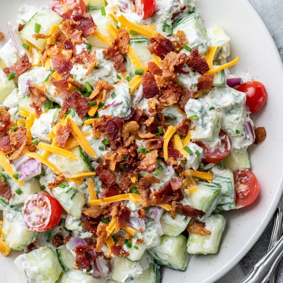 Bright Cucumber Ranch Crack Salad tossed with creamy ranch, sharp cheddar, chives.
