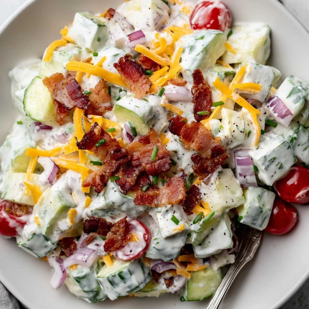 Chilled Cucumber Ranch Crack Salad Recipe served at picnic, topped with chips.