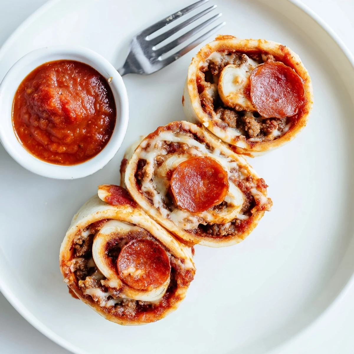 Fresh-baked Cheesy Beef Pepperoni Pizza Roll Ups, golden crust and bubbling cheese