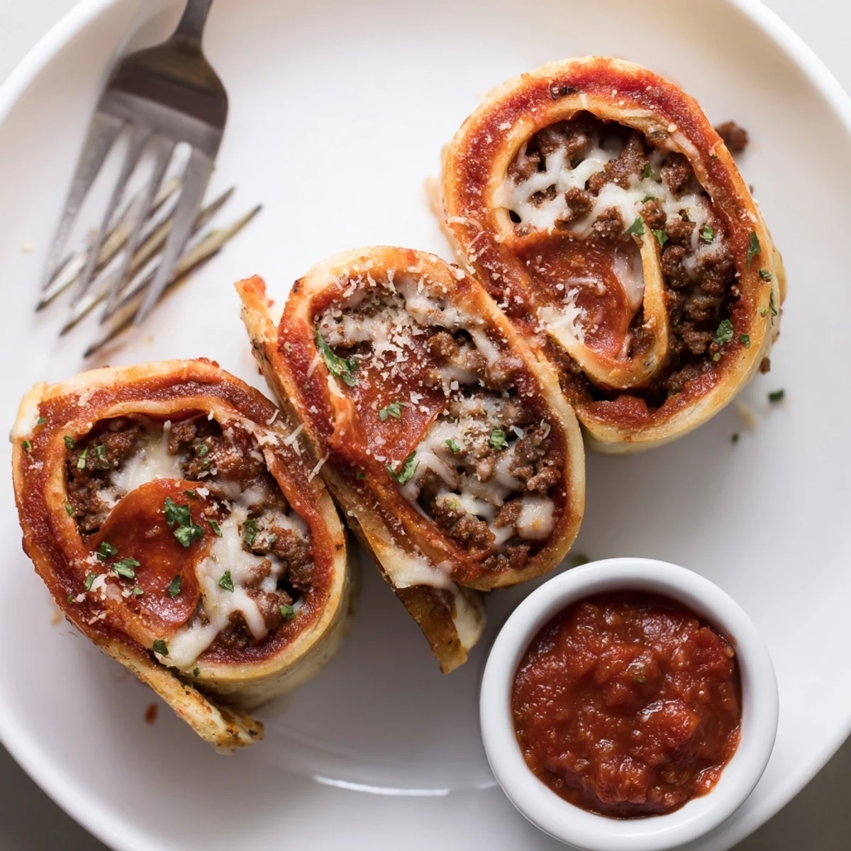 Kids love Cheesy Beef Pepperoni Pizza Roll Ups, crispy edges and gooey centers