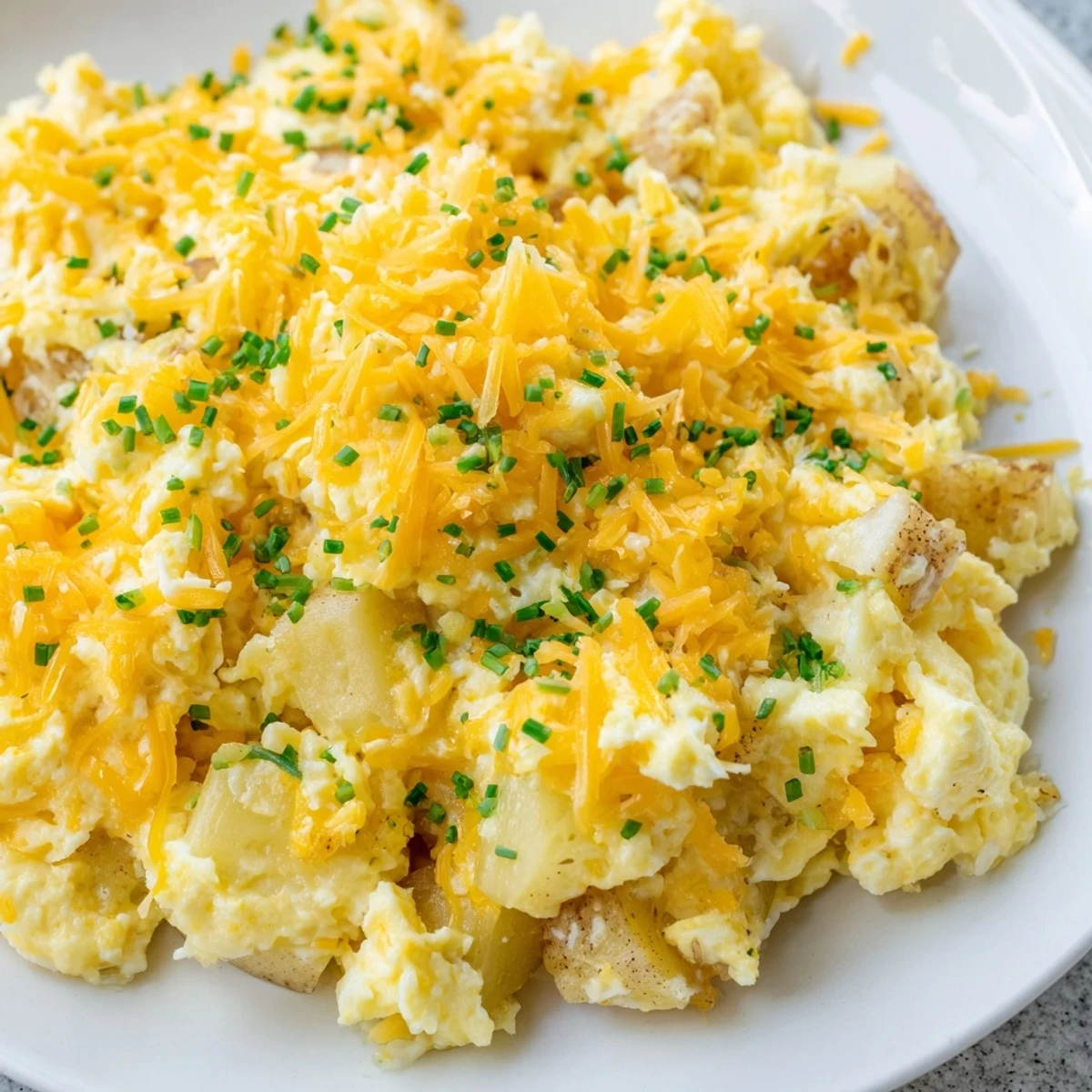 Hearty breakfast scramble featuring tender potatoes, creamy eggs, and golden melted cheese on a white plate