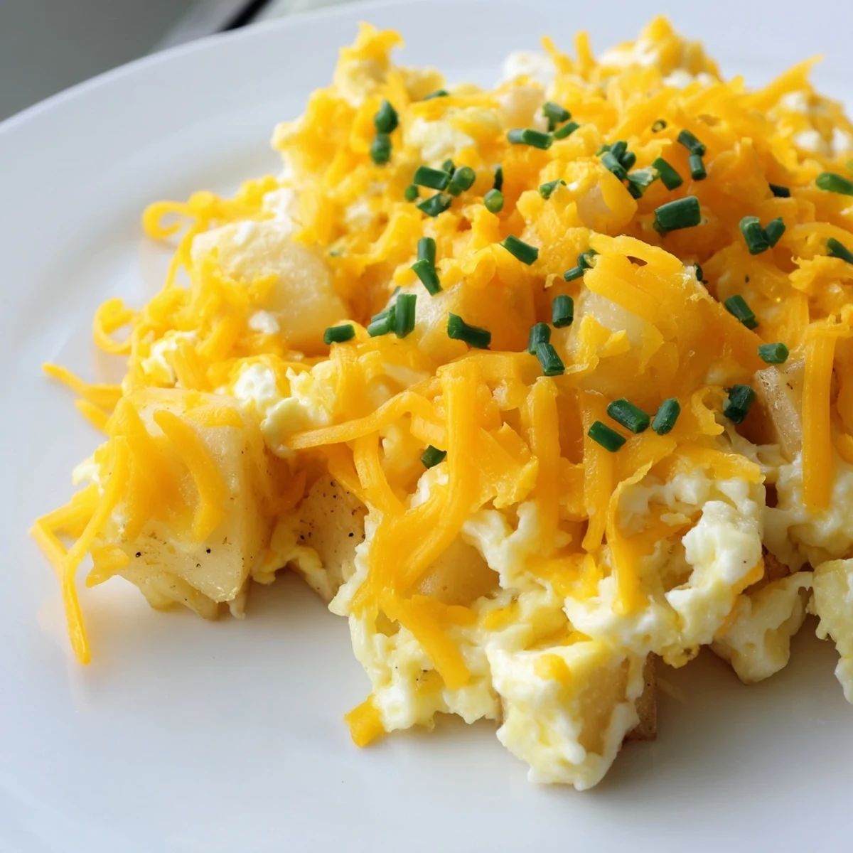 Savory cheesy potato egg scramble in a skillet with fluffy curds and shredded cheddar throughout