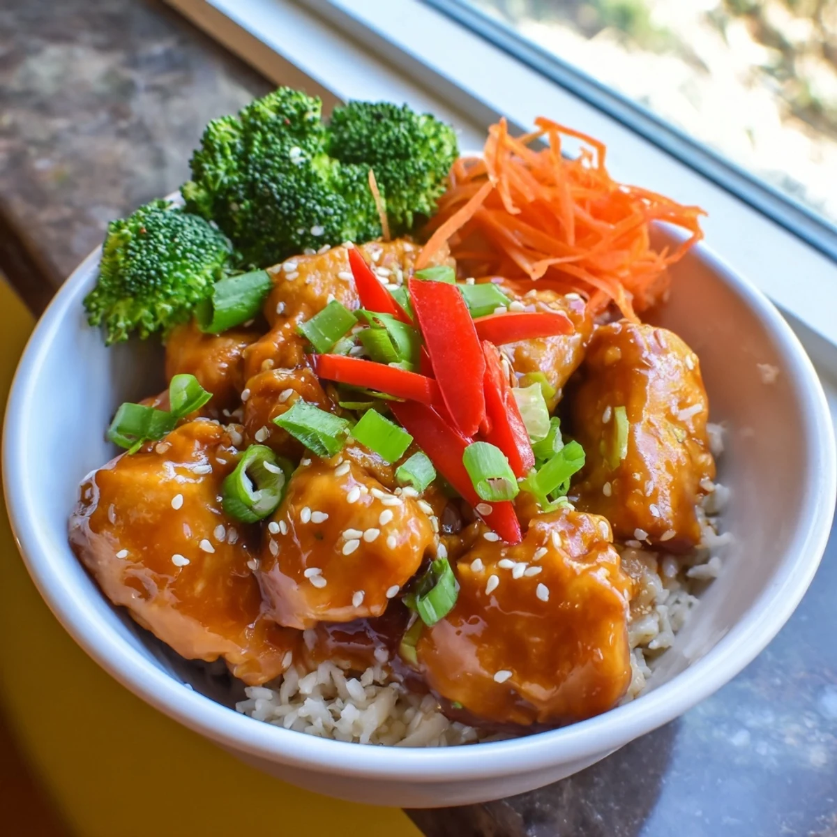 Golden orange glazed chicken over fluffy white rice with colorful broccoli and crisp bell pepper strips
