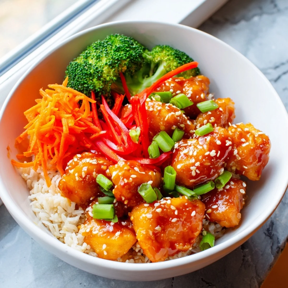 Vibrant Asian-inspired rice bowl featuring tender chicken pieces coated in sweet tangy orange sauce with fresh vegetables