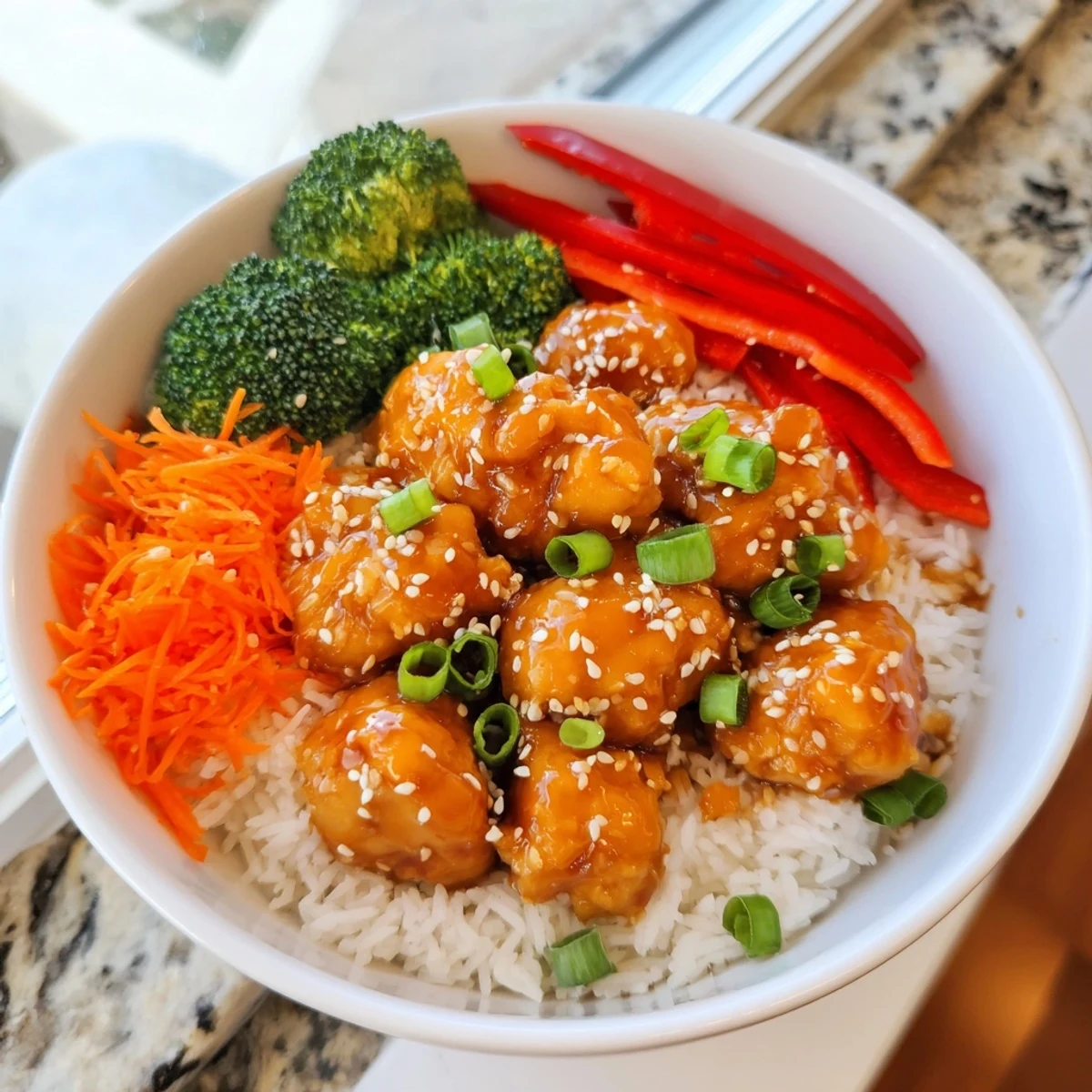 Close-up of orange glazed chicken rice bowl garnished with green onions and sesame seeds alongside steamed veggies