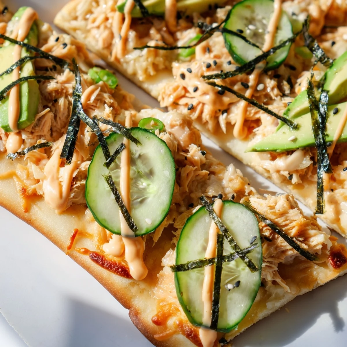 Golden crispy flatbread topped with creamy salmon sushi bake mixture and melted mozzarella cheese