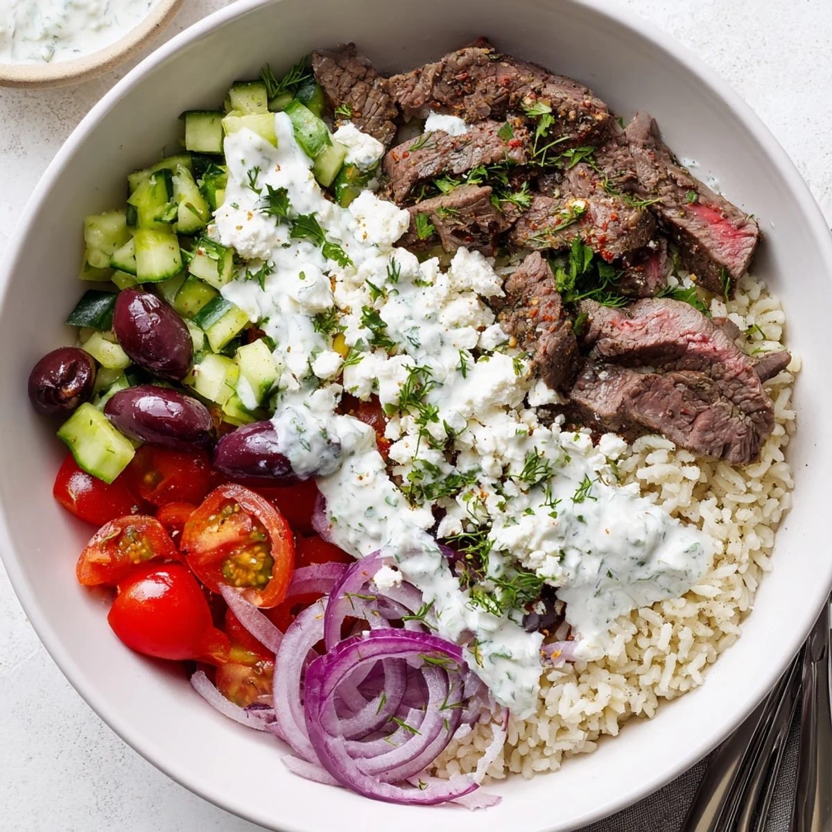 Juicy grilled Mediterranean steak bowl with fresh vegetables, herby rice, and zesty yogurt sauce