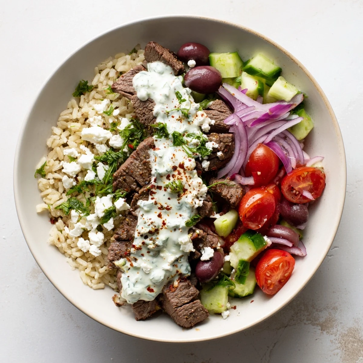Sliced steak over seasoned rice with olives, red onion, and creamy dill yogurt sauce