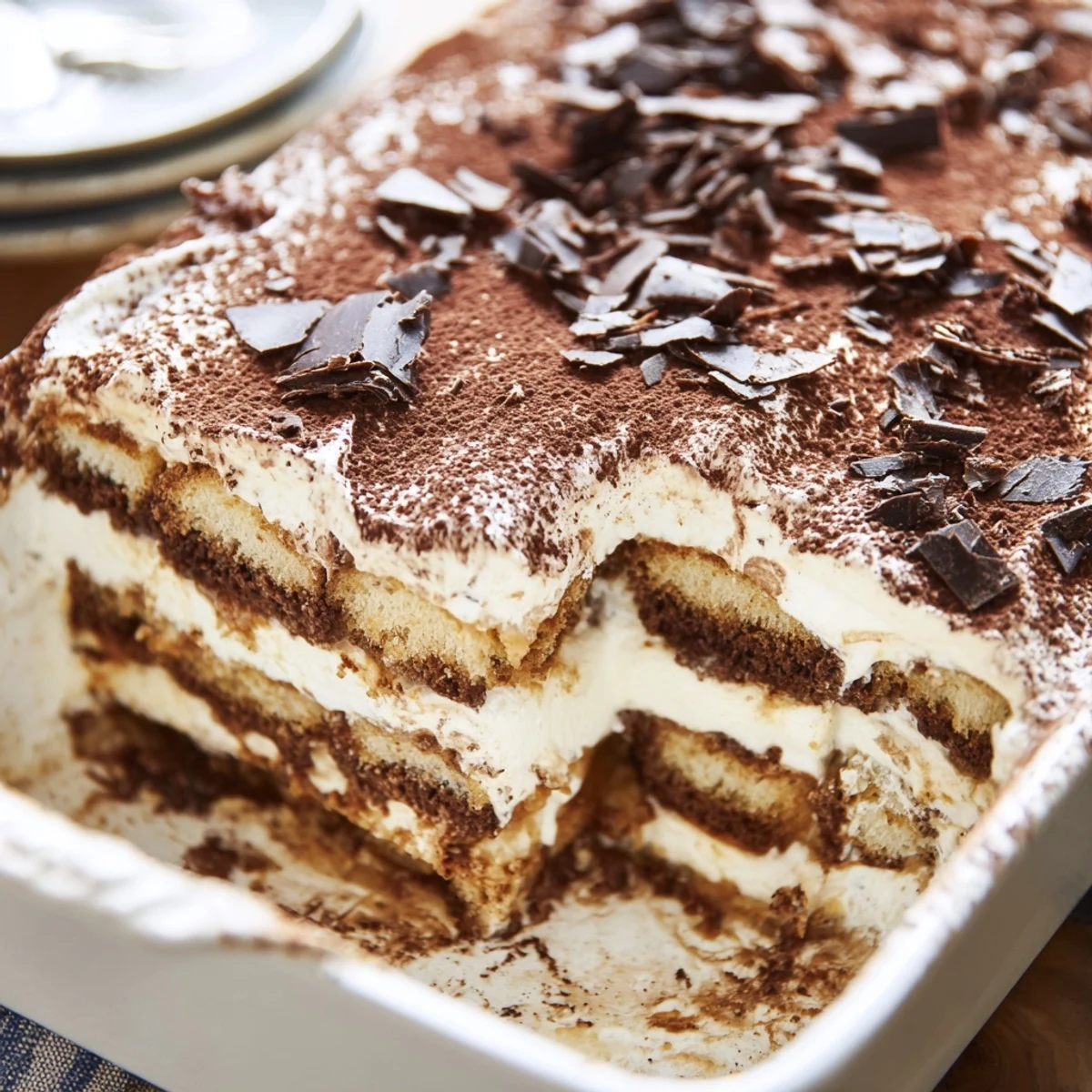 Homemade tiramisu recipe showing cross-section of coffee-dipped ladyfingers beneath smooth mascarpone cream with chocolate shavings