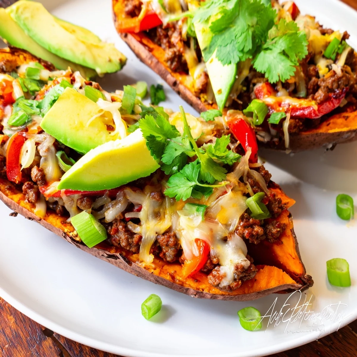 Golden roasted sweet potatoes stuffed with spicy hot honey ground beef and fresh toppings