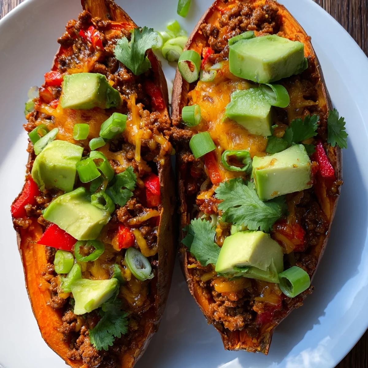 Wholesome sweet potato boats filled with savory beef mixture glazed in sweet hot honey