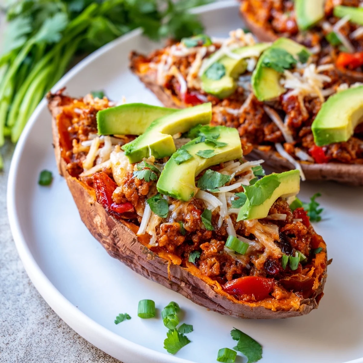 Healthy weeknight dinner featuring tender roasted sweet potatoes loaded with seasoned ground beef filling