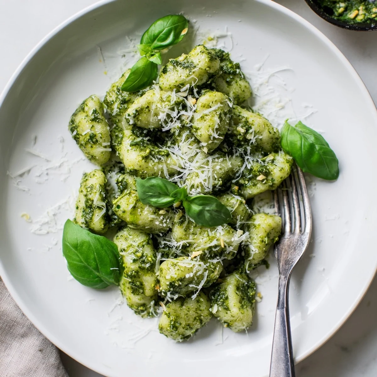 Soft potato gnocchi tossed with fresh homemade pesto and grated Parmesan cheese