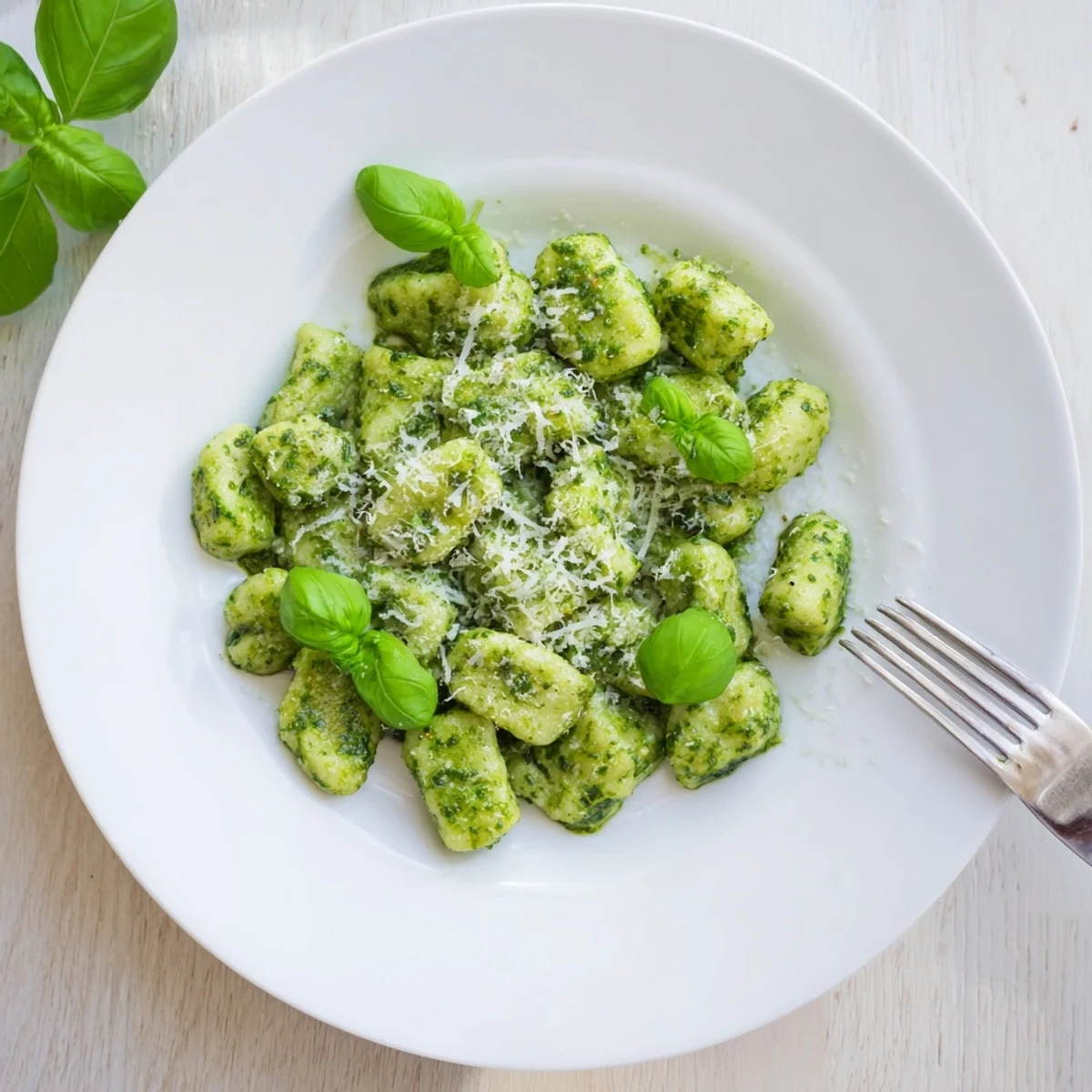 Golden pesto gnocchi coated in vibrant green basil sauce with toasted pine nut garnish