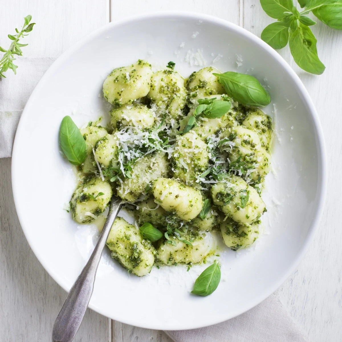 Basil pesto gnocchi plated with extra pine nuts and fresh basil leaves