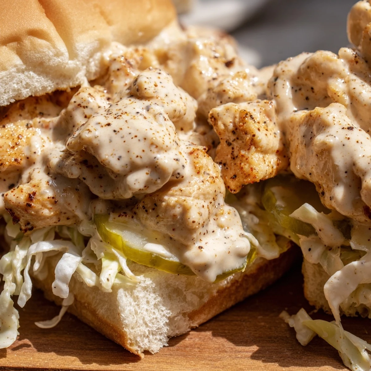 Golden grilled chicken smothered in creamy Alabama white BBQ sauce on a toasted bun