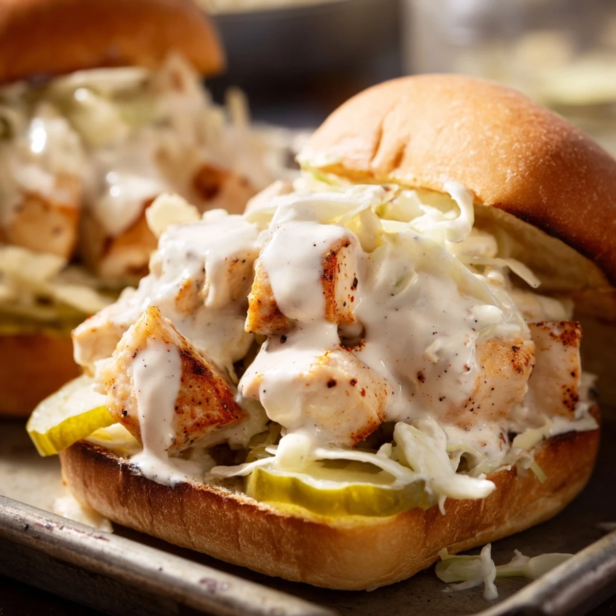 Chopped BBQ chicken sandwich piled high with tangy white sauce and crisp coleslaw