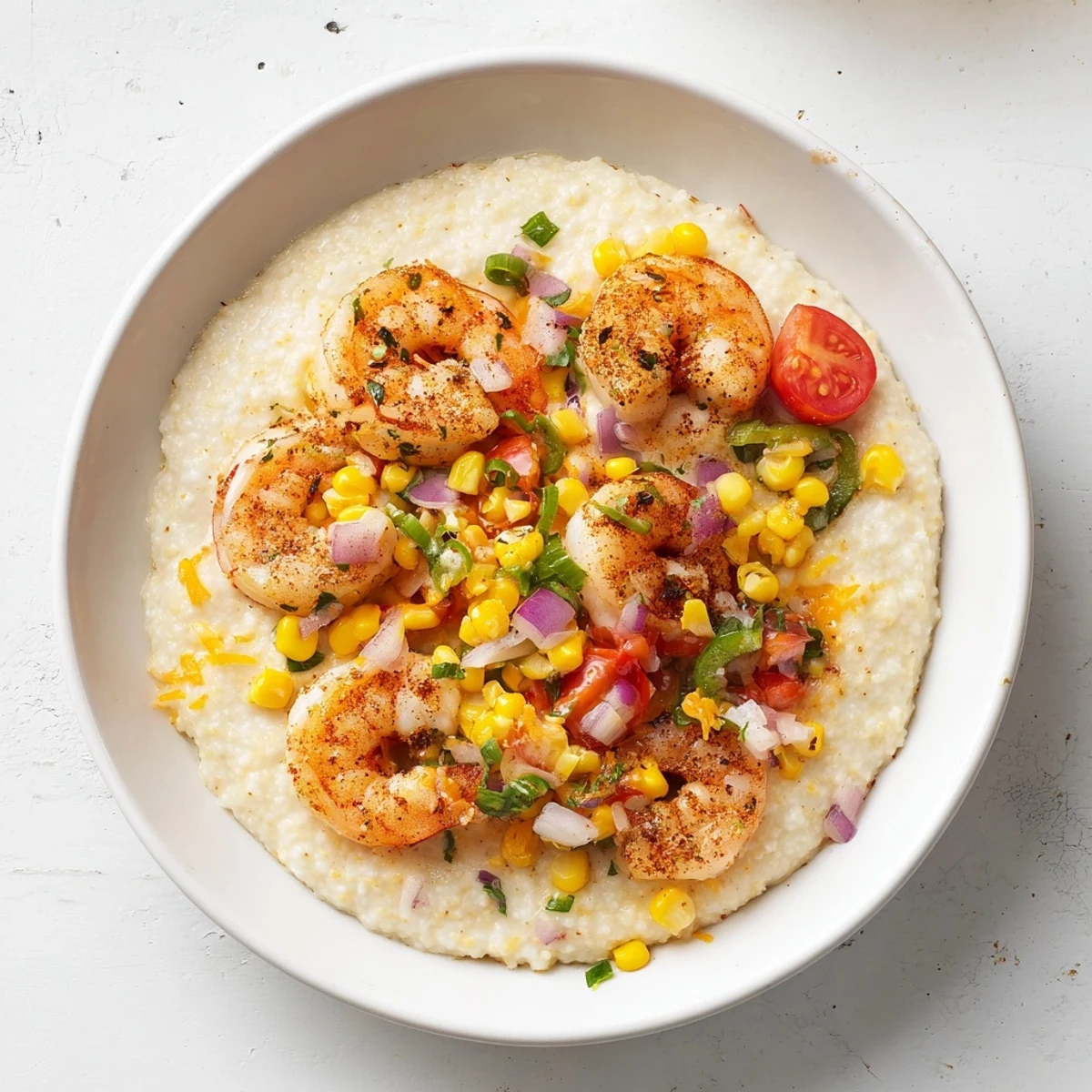 Creamy shrimp grits bowl topped with spicy sautéed shrimp and vibrant corn salsa