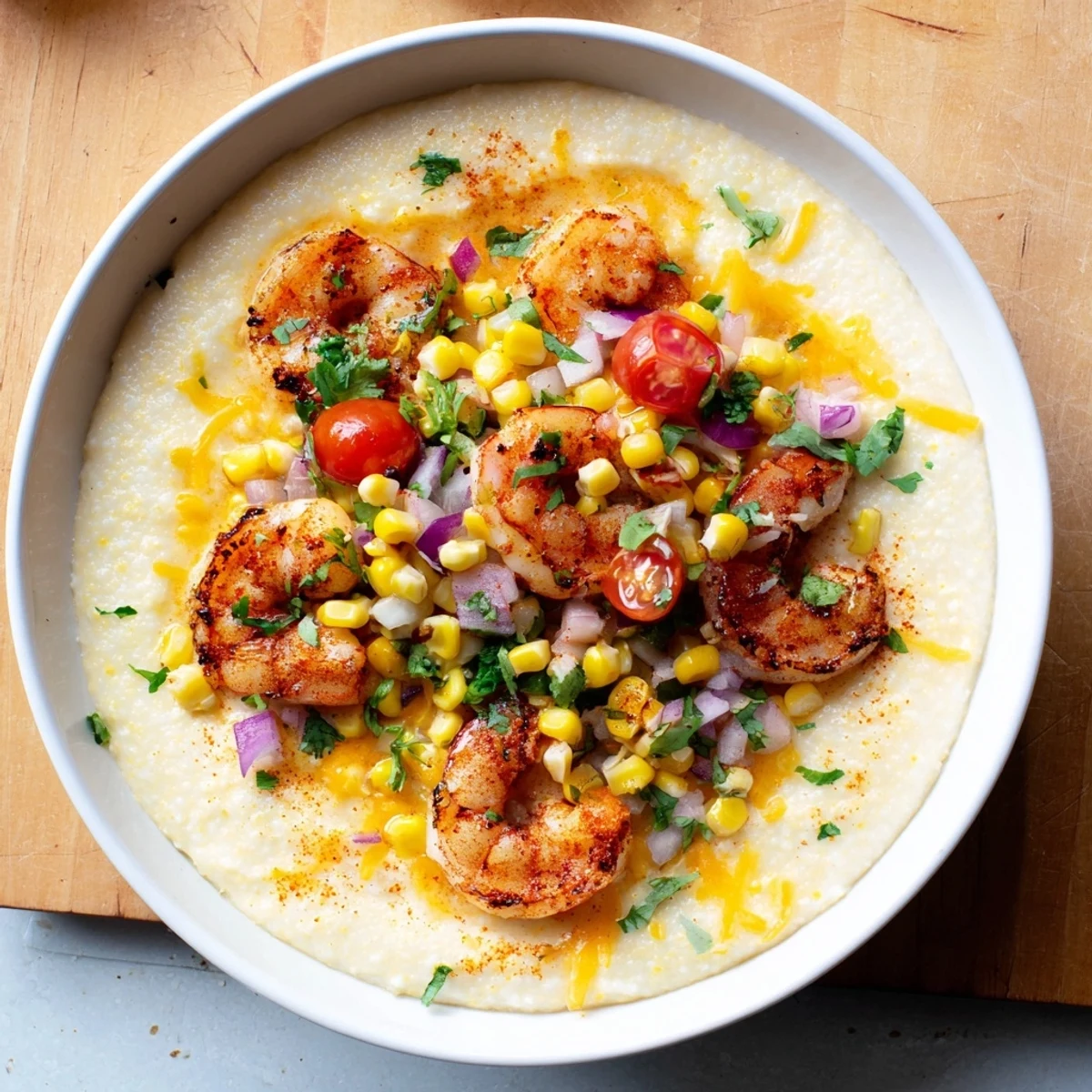 Golden stone-ground grits with melted cheddar supporting plump garlic butter shrimp