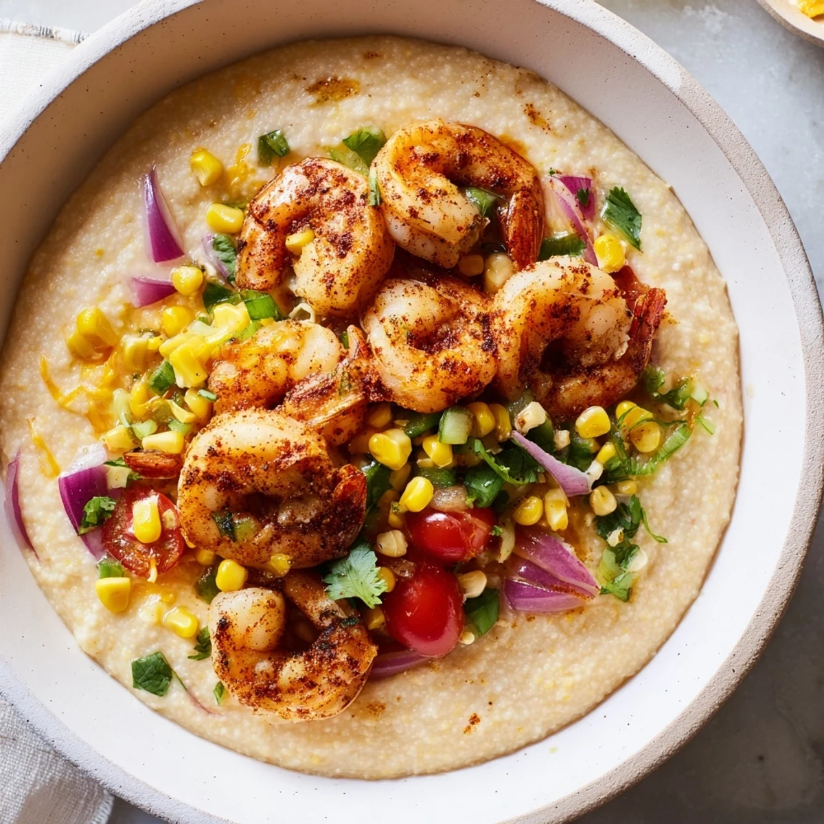 Southern shrimp grits plated with zesty fresh corn salsa and chopped cilantro
