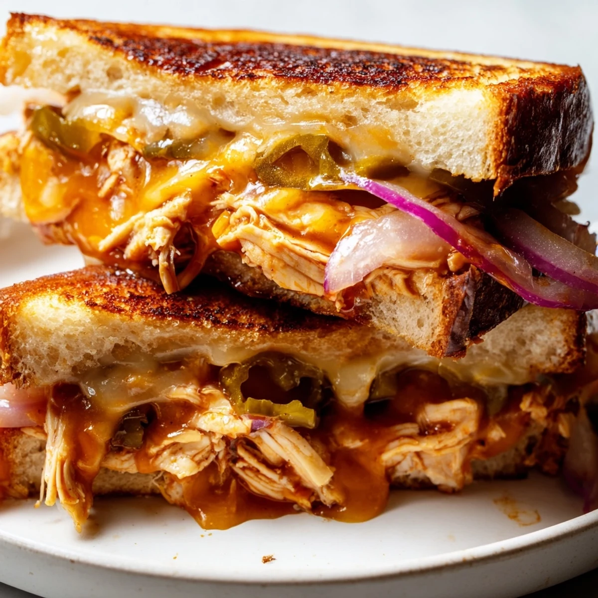 Golden BBQ chicken grilled cheese sandwich with melted cheddar on sourdough bread