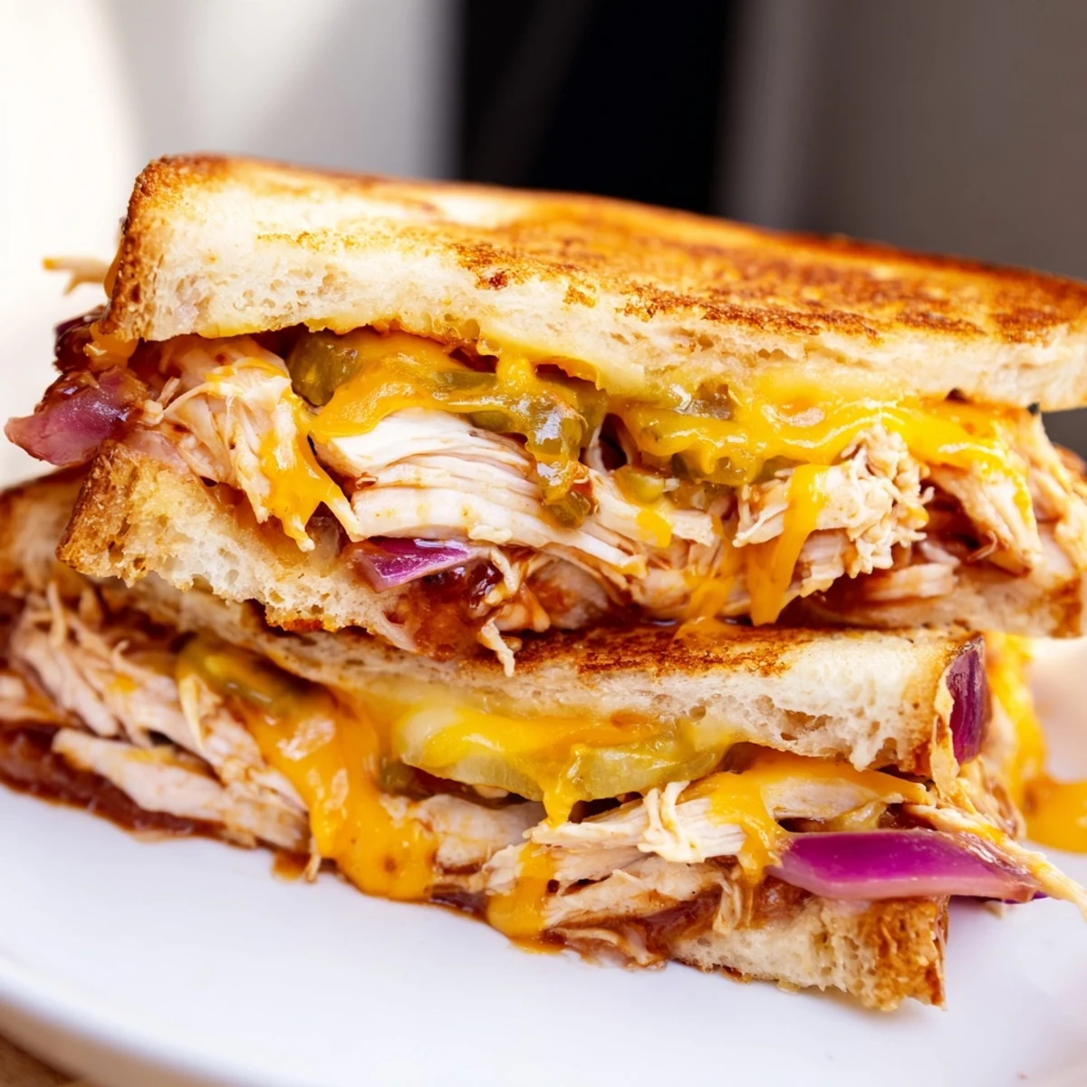 Gooey BBQ chicken grilled cheese sandwich cut in half displaying melted cheese layers