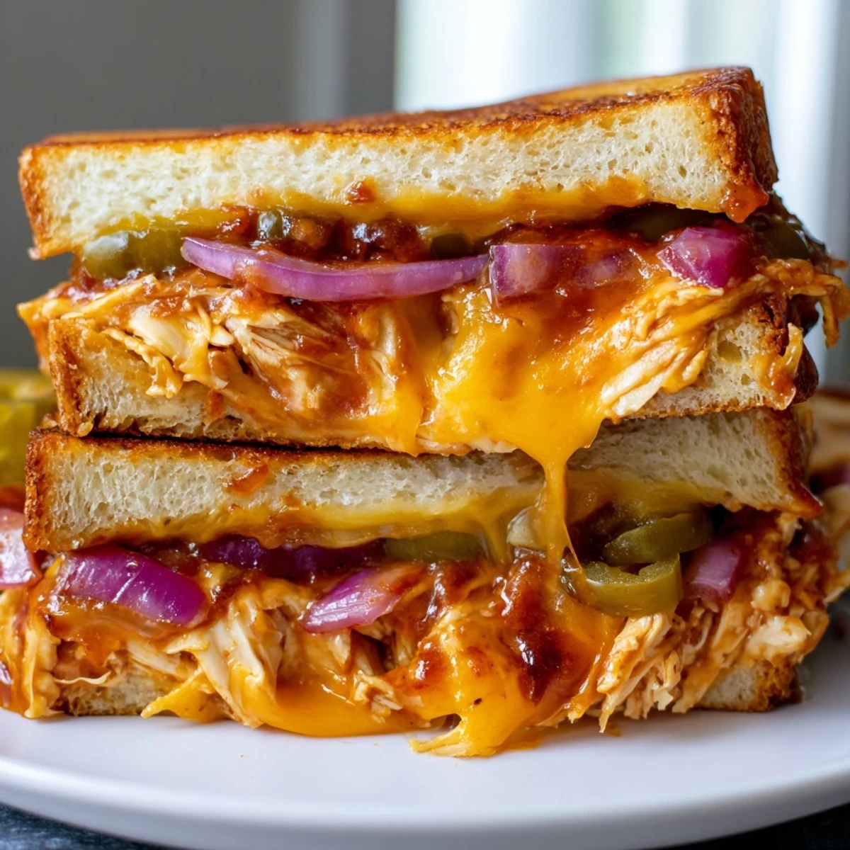 Crispy sourdough BBQ chicken grilled cheese sandwich oozing with melted sharp cheddar cheese