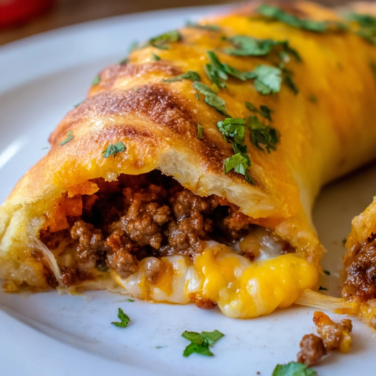 Golden brown cheesy taco sticks stuffed with seasoned ground beef and melted mozzarella cheddar blend on a rustic wooden board