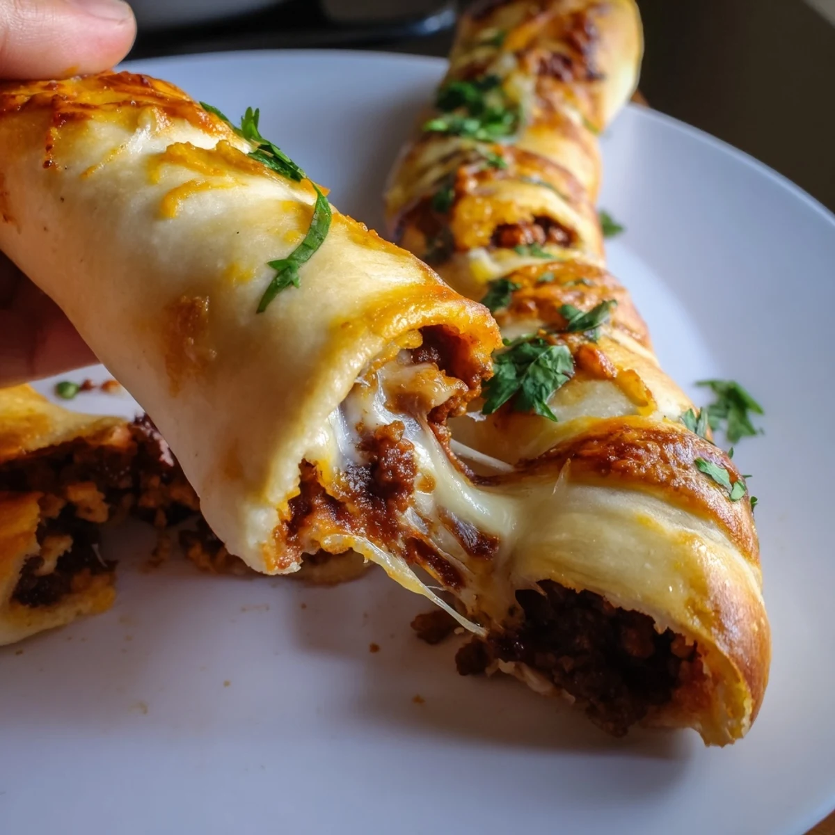 Warm cheesy taco sticks with seasoned ground beef filling and shredded cheese bursting from golden pastry crust served with guacamole
