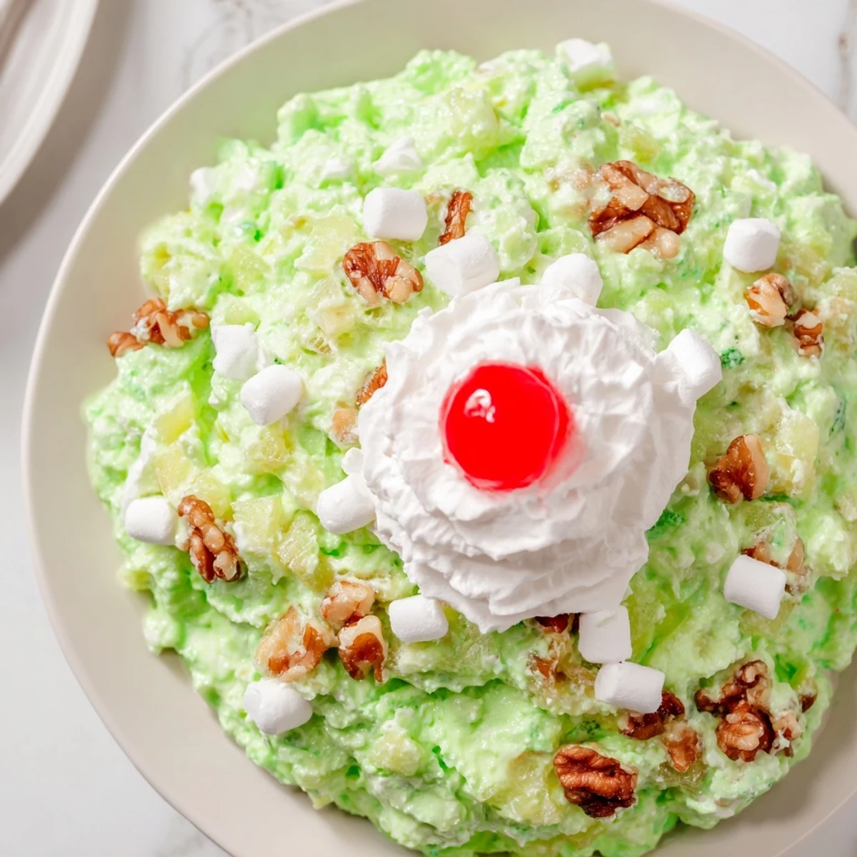 Vintage Watergate Salad recipe displayed in a glass serving bowl topped with fluffy whipped cream and bright maraschino cherries