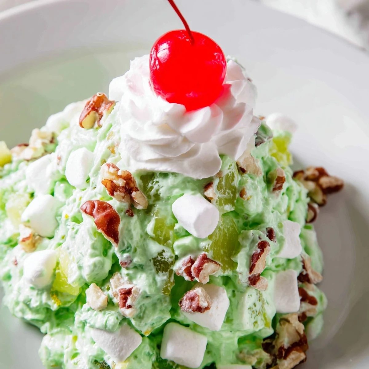 Creamy green pistachio Watergate Salad recipe studded with white mini marshmallows and crunchy pecans on a white plate