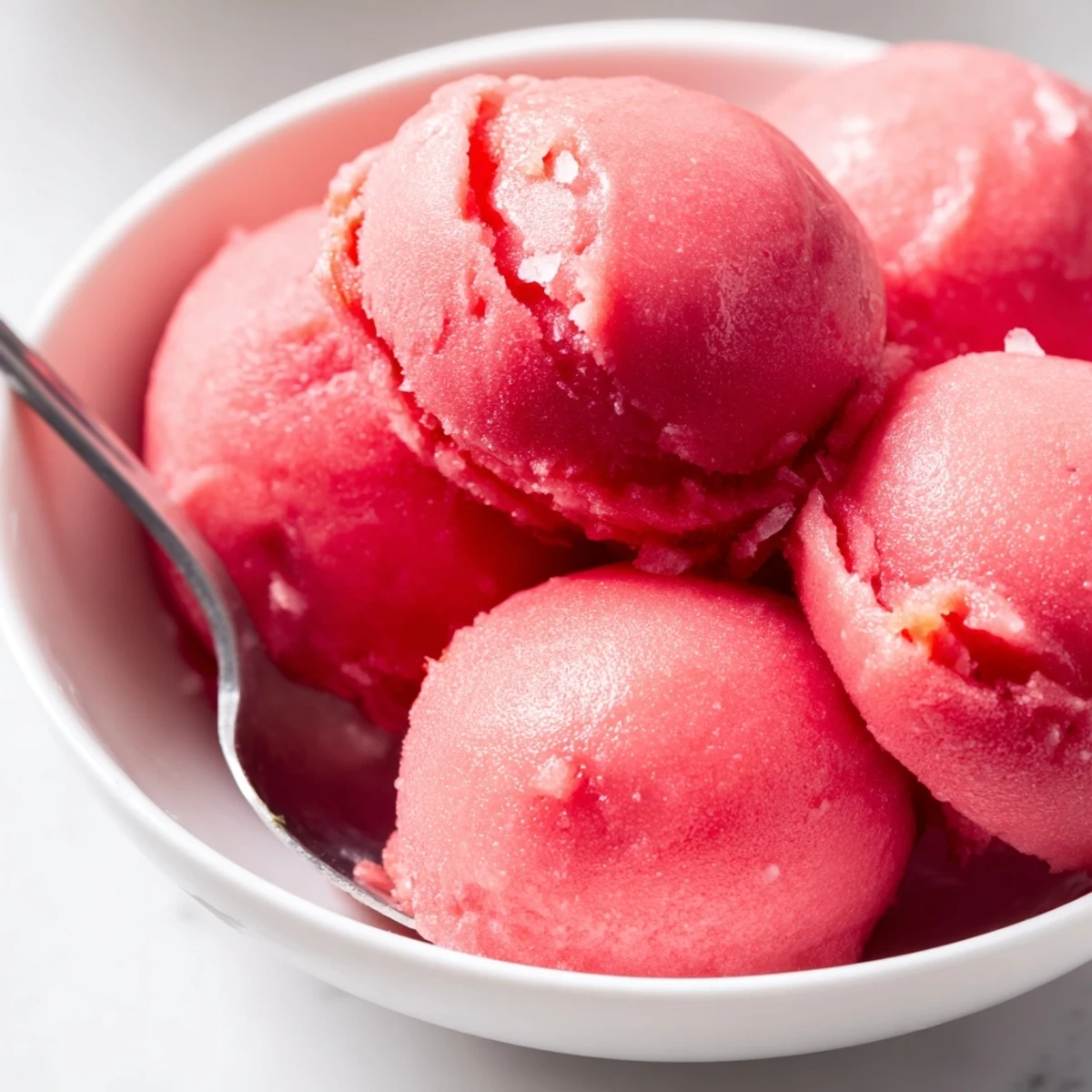 Pink watermelon sorbet scooped into a chilled glass bowl garnished with fresh lime wedges