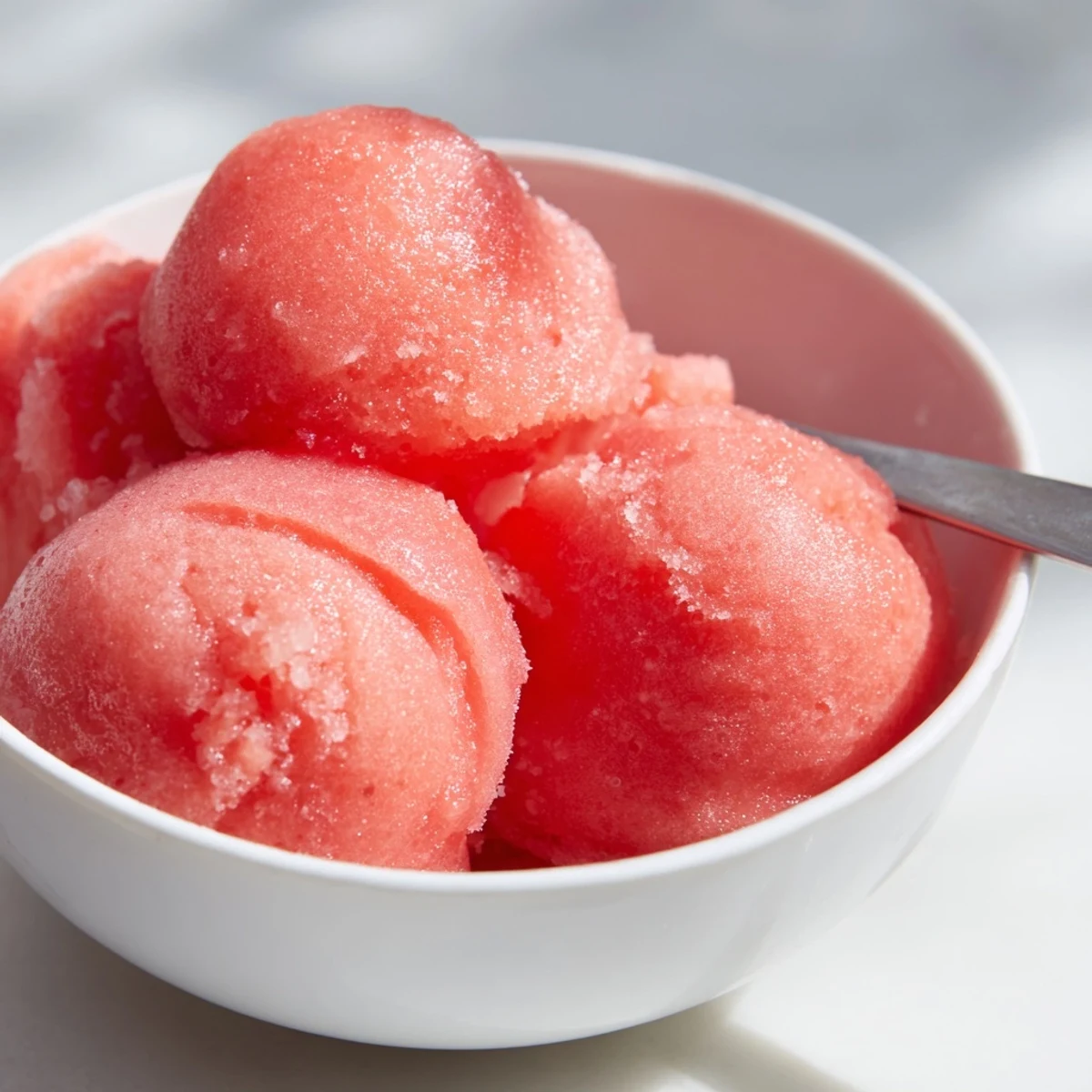 Vibrant pink watermelon sorbet in a decorative serving dish with fresh watermelon chunks on the side
