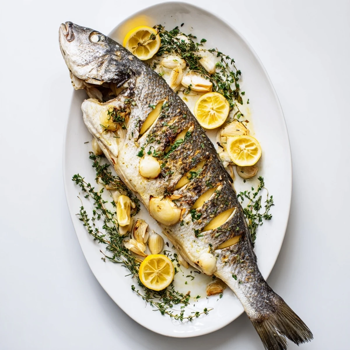 Whole roasted fish with crispy golden skin garnished with fresh parsley and lemon wedges on a white serving platter