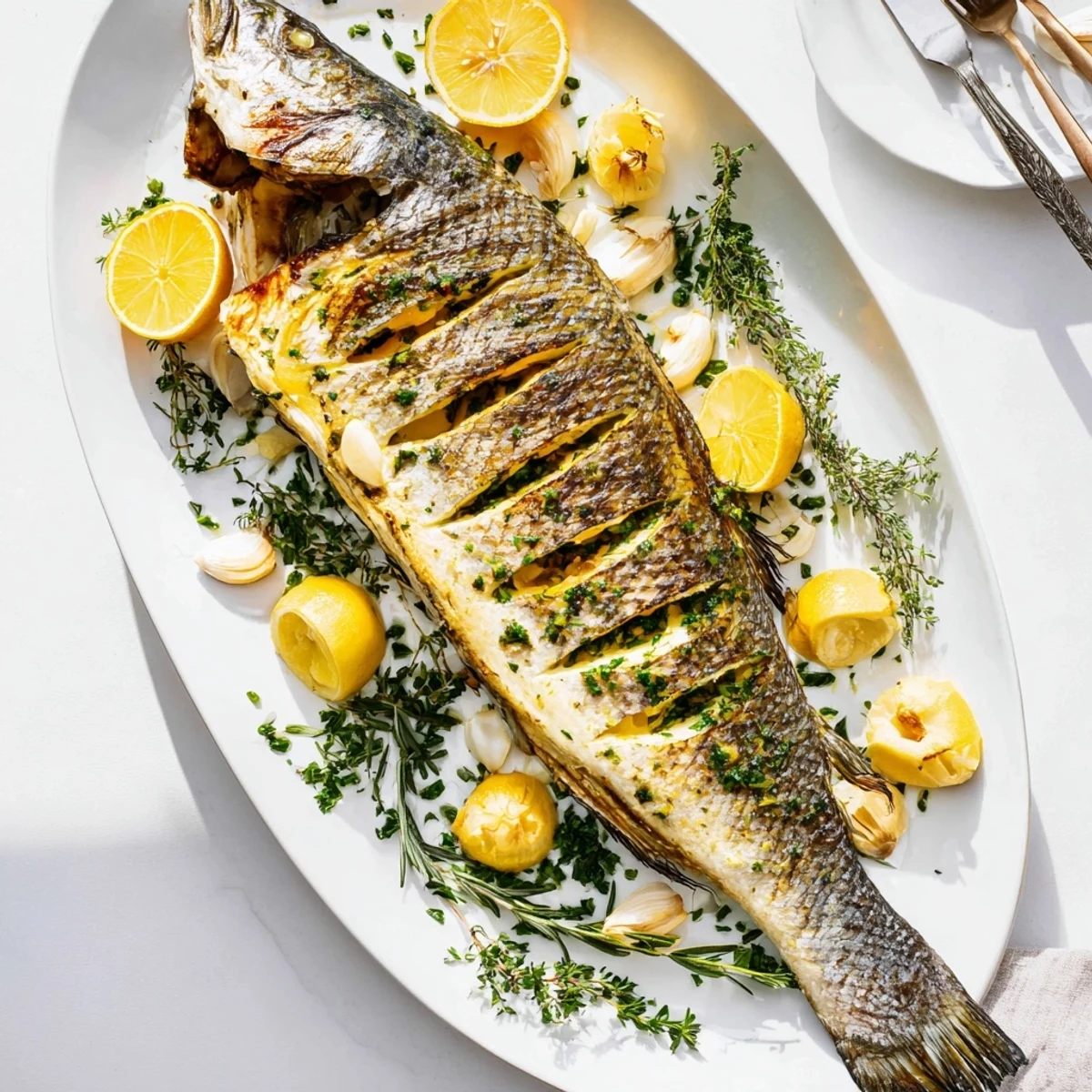 Mediterranean style whole roasted fish featuring aromatic herbs and citrus slices with beautifully crisped skin