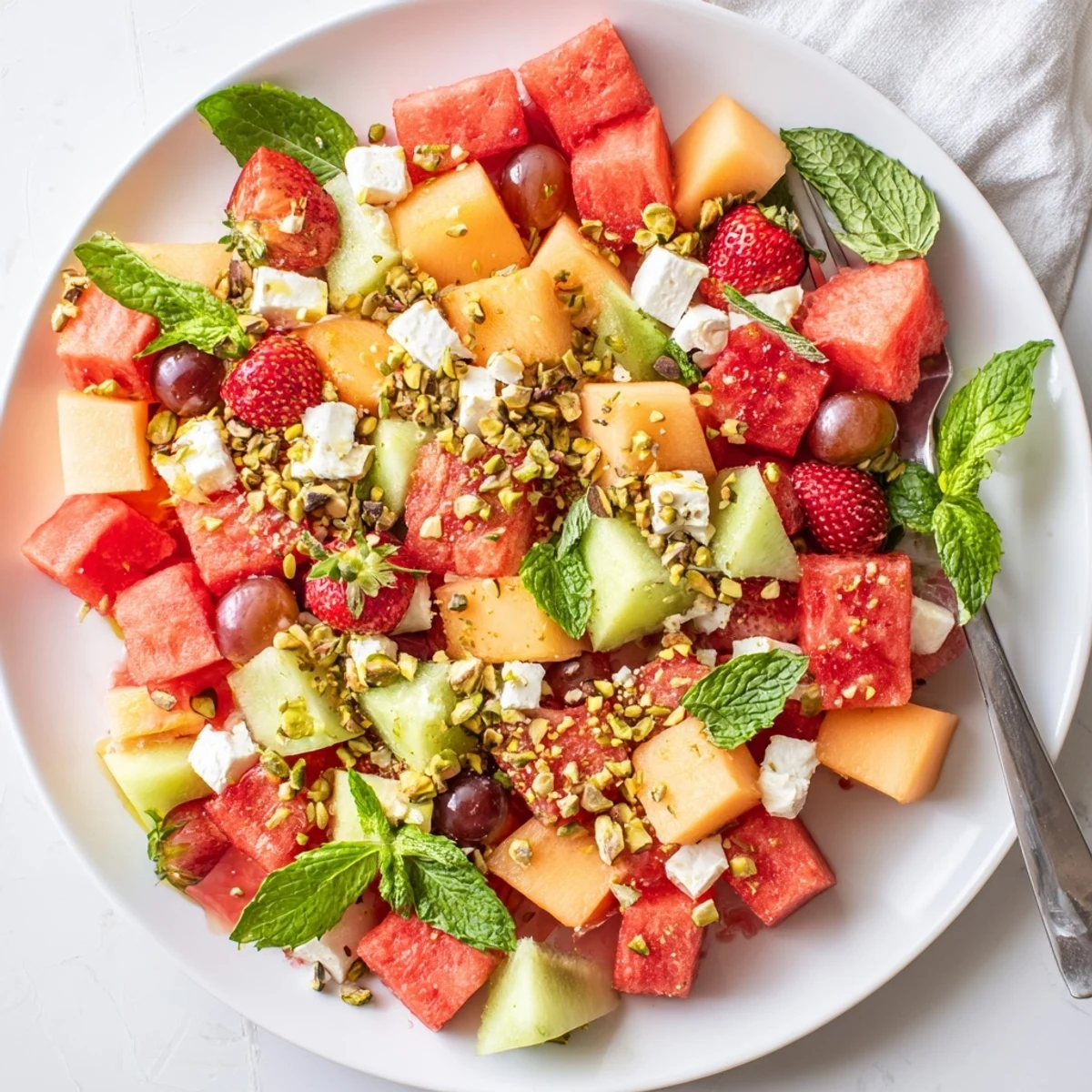 Colorful mixed melon salad arranged on white plate topped with crumbled feta and toasted pistachios