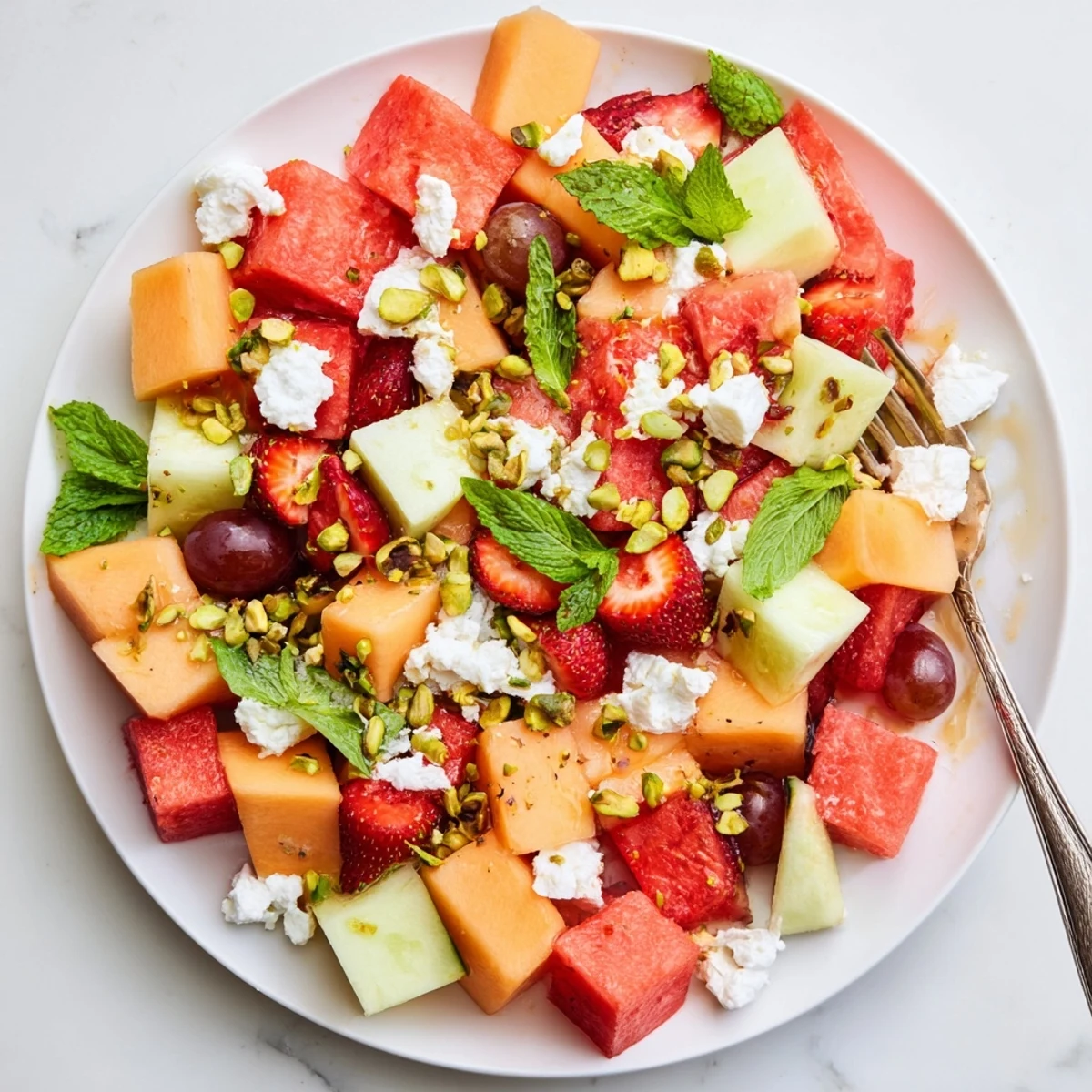 Fresh summer fruit salad bowl with watermelon, cantaloupe, strawberries, feta cheese and mint