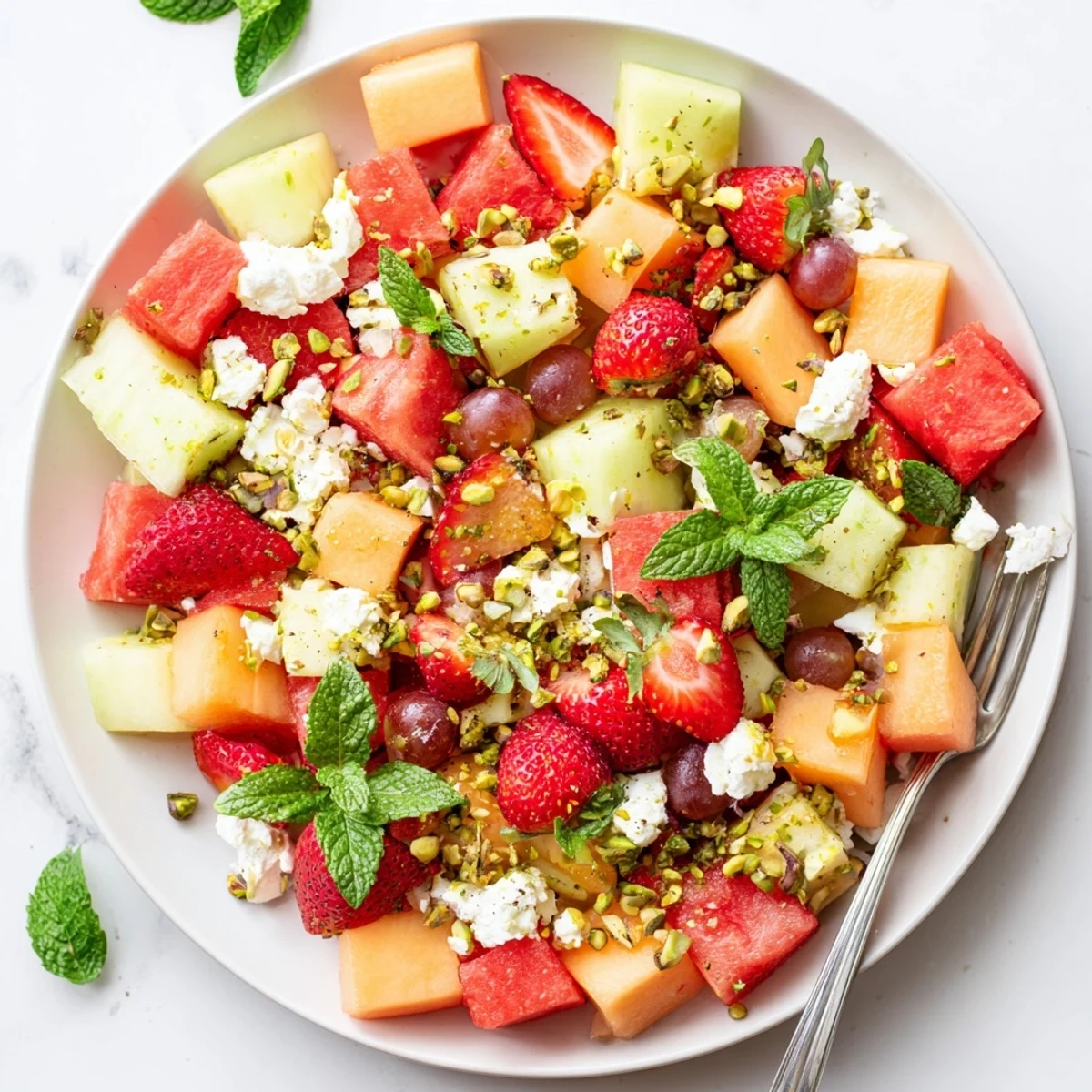 Chilled summer bliss fruit salad featuring ripe berries, honeydew, and creamy feta cheese garnish