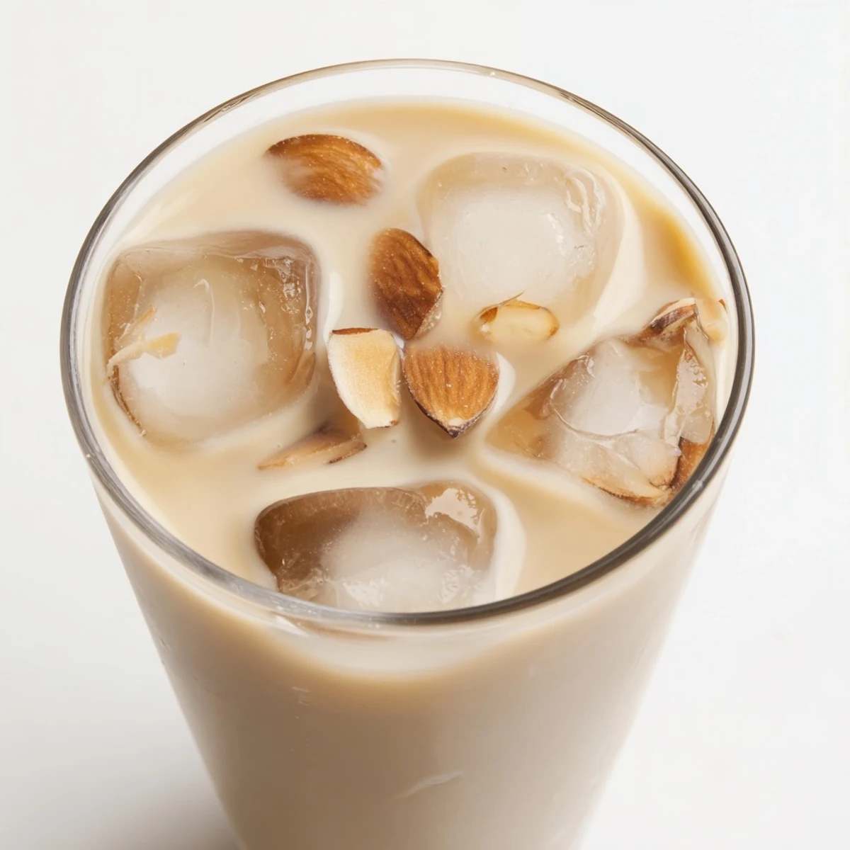 Frosty refreshing summer roasted almond milk drink with whipped cream and roasted almond garnish