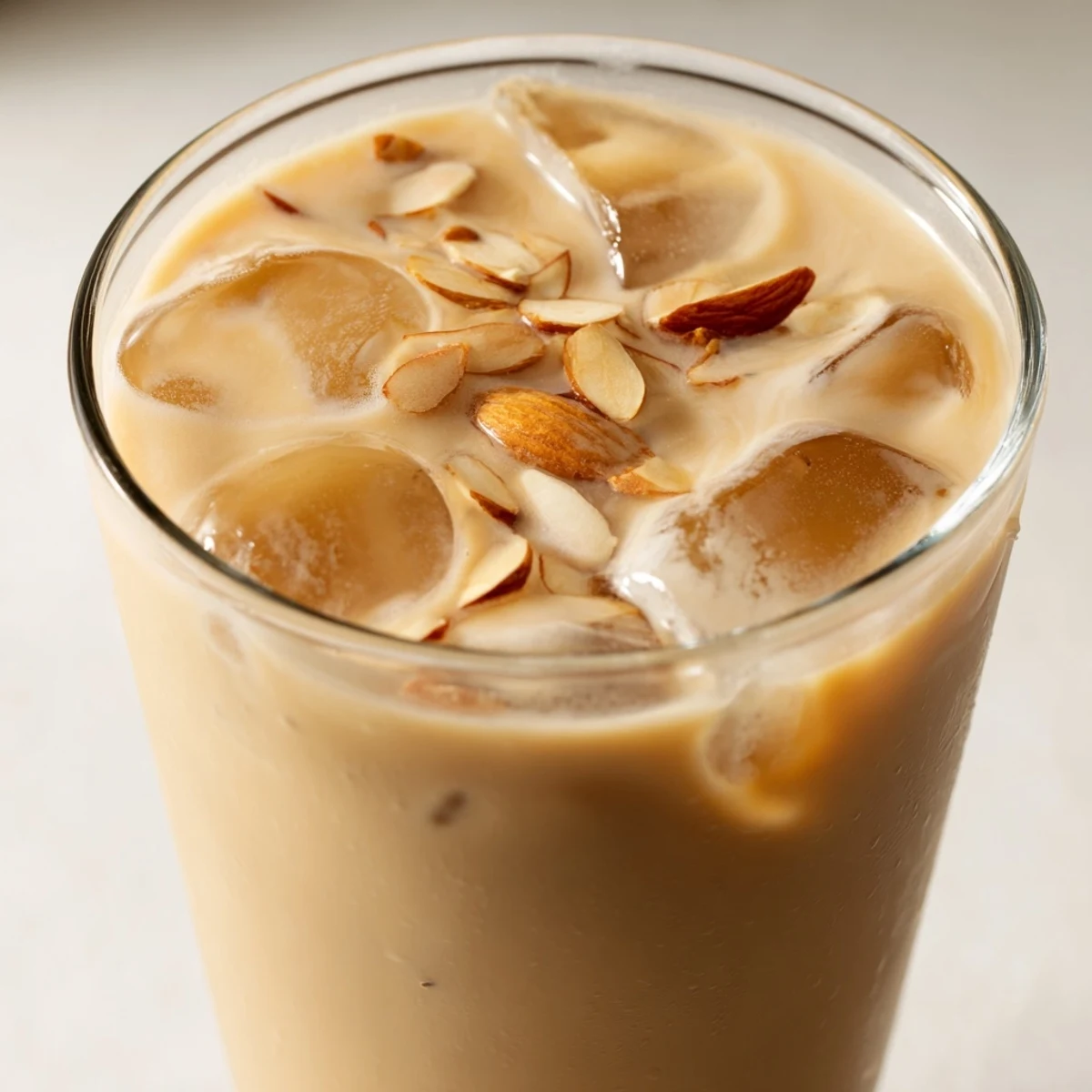 Golden roasted almonds blended into creamy summer drink with vanilla and sweet honey drizzle