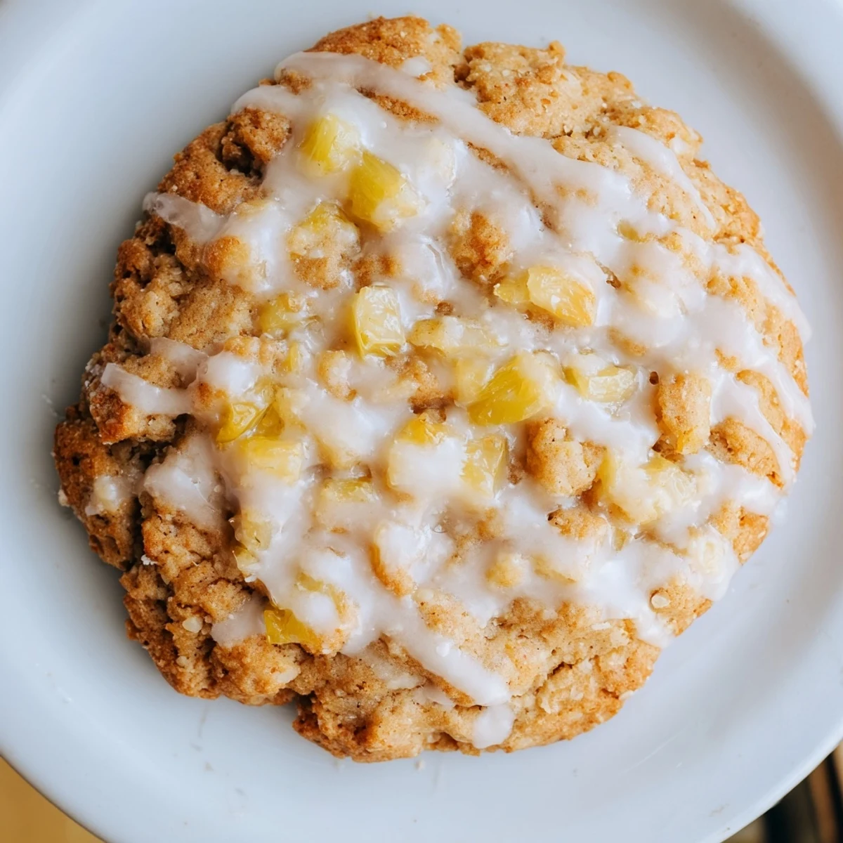 Golden pineapple cookies with sweet fruit chunks and optional glaze on a white plate