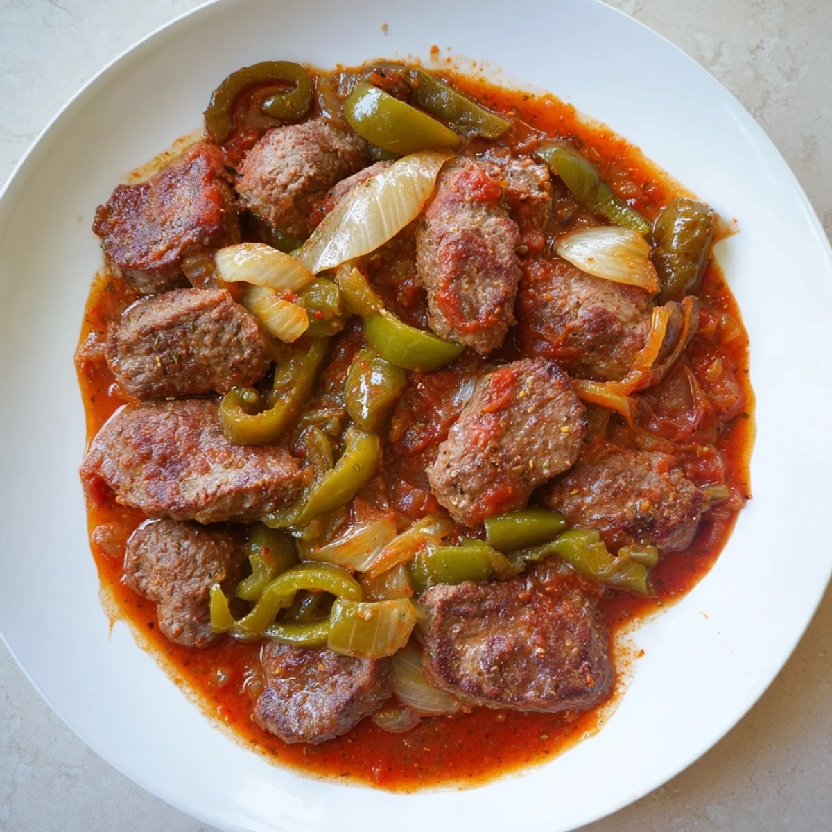 Tender old fashioned Swiss steak with beef braised slowly with onions and bell peppers in savory sauce