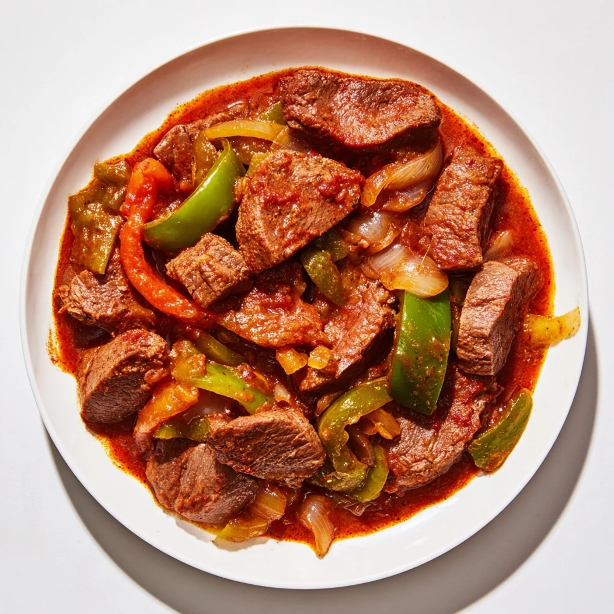 Hearty old fashioned Swiss steak with beef featuring fork-tender meat in a thick vegetable-loaded tomato gravy