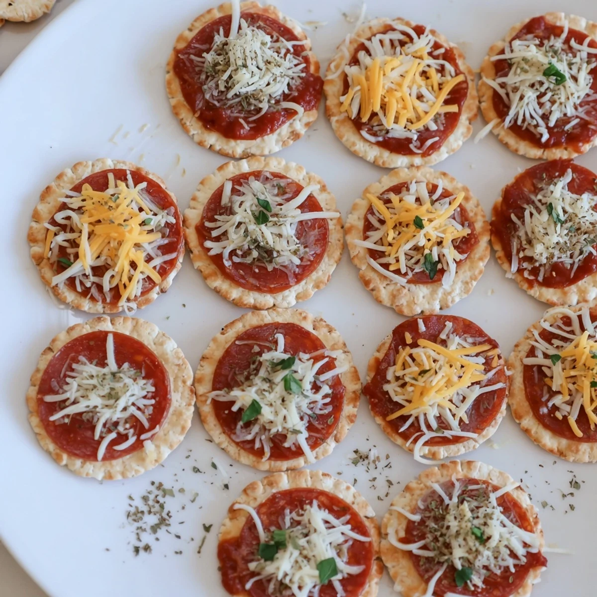 Golden crispy beef pepperoni pizza crackers bubbling with melted mozzarella cheese on a baking sheet